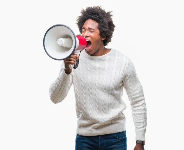 Joven Guapo Afroamericano Negro Gritando Través Megáfono —  Fotos de Stock