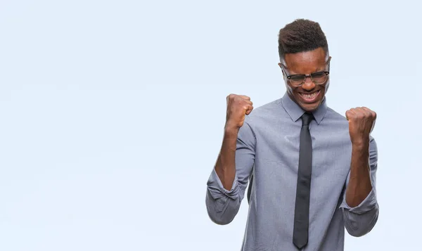 Jeune Homme Affaires Afro Américain Sur Fond Isolé Très Heureux — Photo