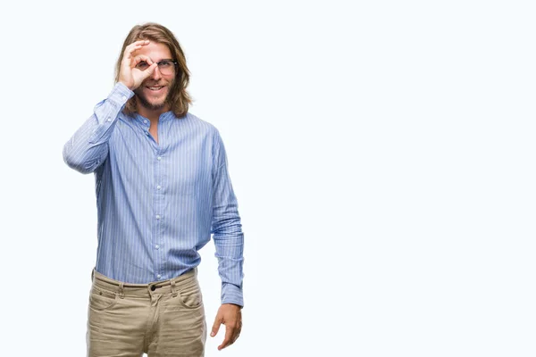 Young Handsome Man Long Hair Wearing Glasses Isolated Background Doing — Stock Photo, Image