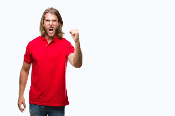 Young Handsome Man Long Hair Isolated Background Angry Mad Raising — Stock Photo, Image