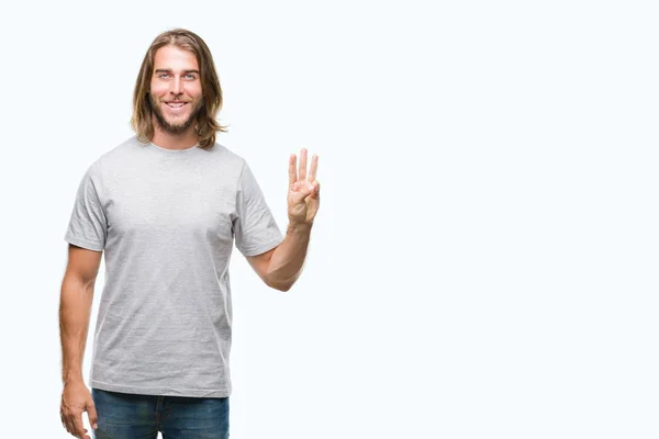Young Handsome Man Long Hair Isolated Background Showing Pointing Fingers — Stock Photo, Image
