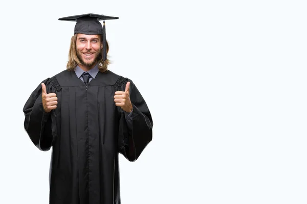 Young Handsome Graduated Man Long Hair Isolated Background Success Sign — Stock Photo, Image