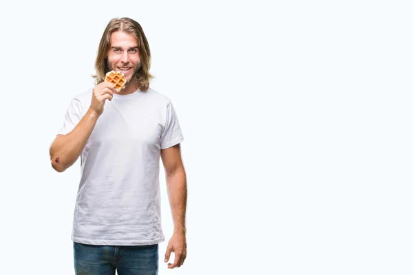 Young Handsome Man Long Hair Isolated Background Eating Waffle Confident — Stock Photo, Image