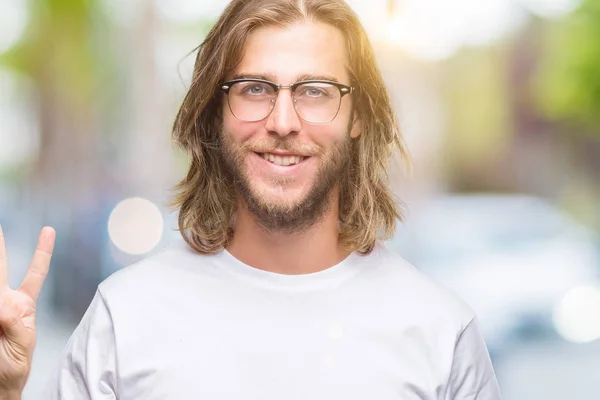 Young Handsome Man Long Hair Wearing Glasses Isolated Background Showing — Stock Photo, Image