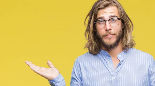 Young Handsome Man Long Hair Wearing Glasses Isolated Background Clueless — Stock Photo, Image