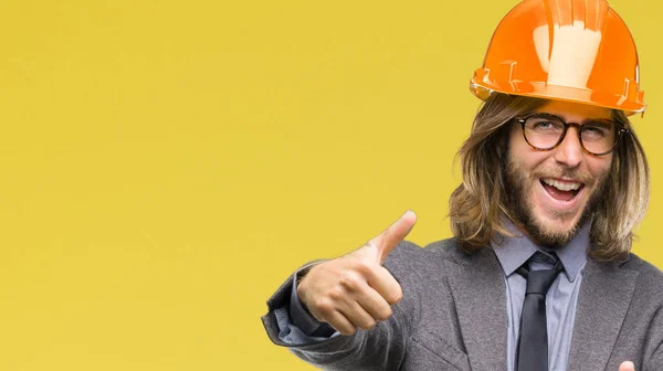 Giovane Bello Architec Uomo Con Capelli Lunghi Indossando Casco Sicurezza — Foto Stock