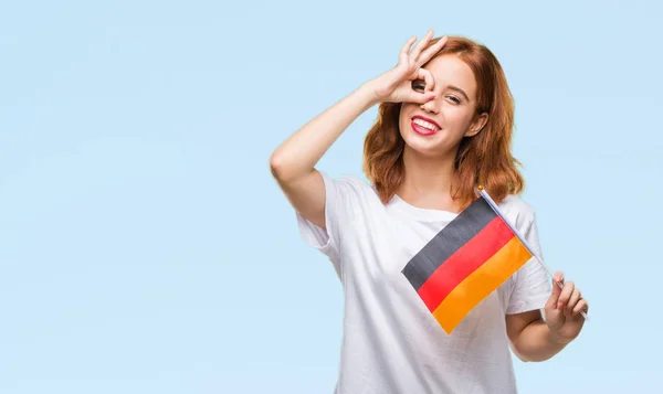 Jovem Bela Mulher Segurando Bandeira Alemanha Sobre Fundo Isolado Com — Fotografia de Stock