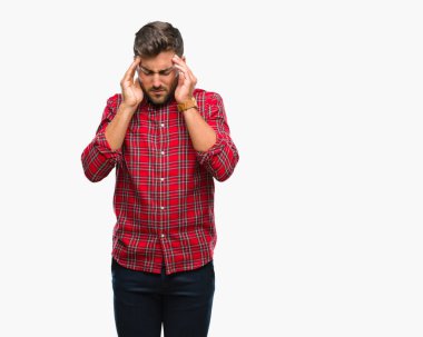 Çünkü genç yakışıklı adam arka plan baş baş ağrısı için el ile izole stres. Migren muzdarip.