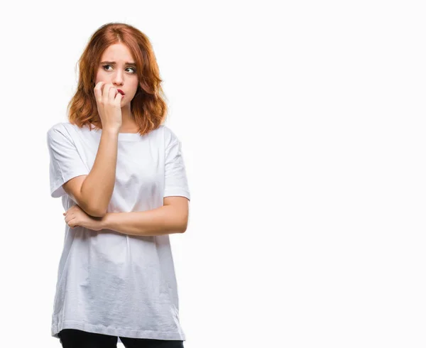 Giovane Bella Donna Sfondo Isolato Cercando Stressato Nervoso Con Mani — Foto Stock