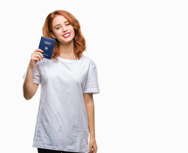 Jovem Bela Mulher Segurando Passaporte Alemanha Sobre Fundo Isolado Com — Fotografia de Stock
