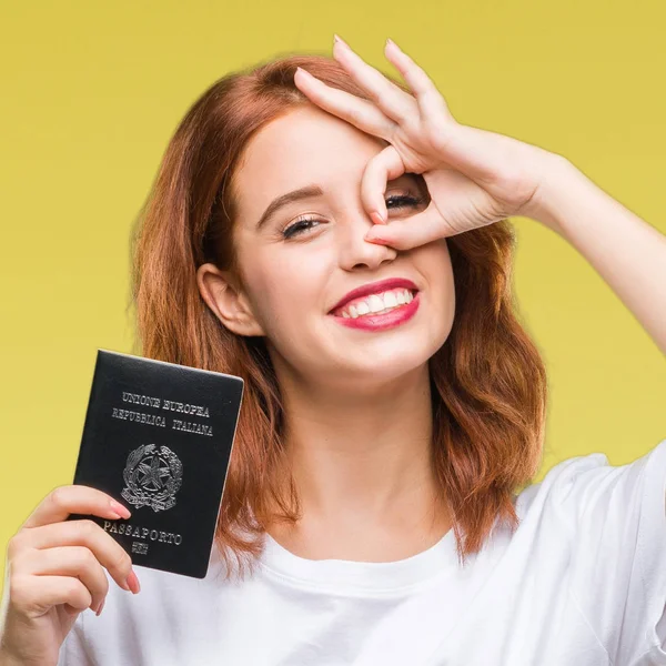 Młoda Kobieta Piękne Paszportem Włochy Białym Tle Szczęśliwy Twarz Uśmiechający — Zdjęcie stockowe