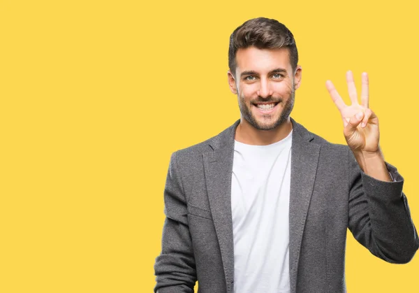 Joven Hombre Negocios Guapo Sobre Fondo Aislado Mostrando Apuntando Hacia —  Fotos de Stock