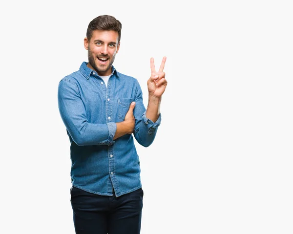 Joven Hombre Guapo Sobre Fondo Aislado Sonriendo Con Cara Feliz — Foto de Stock