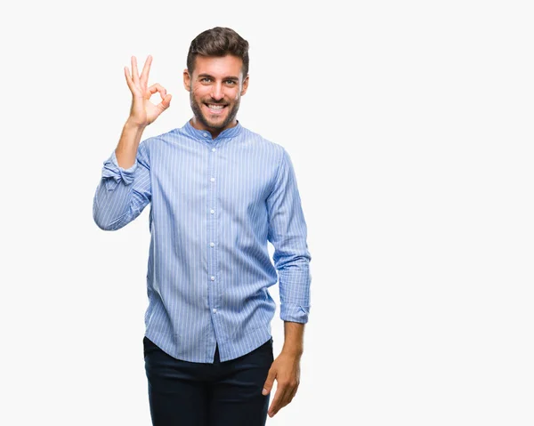 Joven Hombre Guapo Sobre Fondo Aislado Sonriendo Positiva Haciendo Signo —  Fotos de Stock