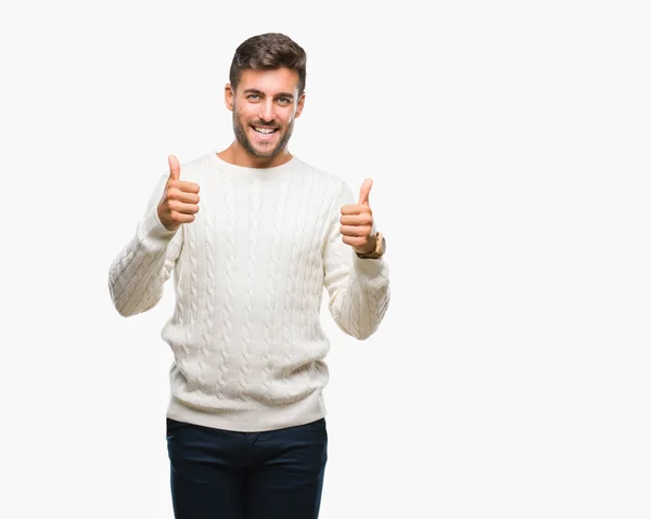 Homem Bonito Jovem Vestindo Camisola Inverno Sobre Sinal Sucesso Fundo — Fotografia de Stock