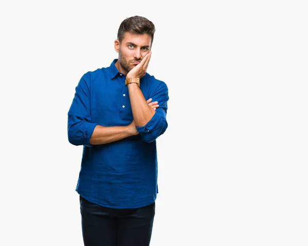 Jovem Homem Bonito Sobre Fundo Isolado Pensando Parecendo Cansado Entediado — Fotografia de Stock