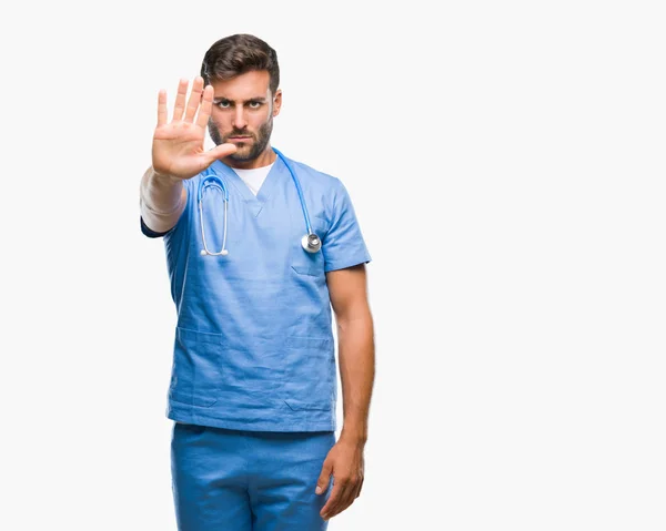 Young Handsome Doctor Surgeon Man Isolated Background Doing Stop Sing — Stock Photo, Image