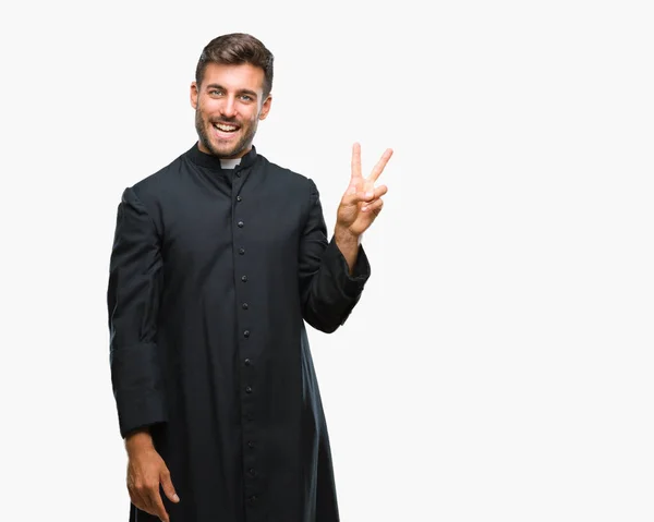 Jovem Padre Cristão Católico Sobre Fundo Isolado Sorrindo Com Rosto — Fotografia de Stock