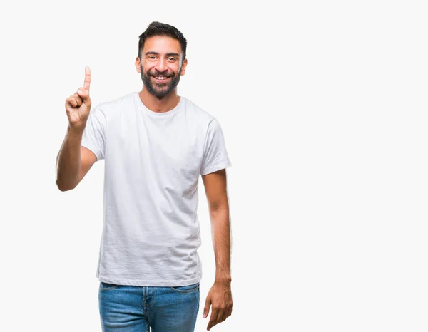 Hombre Hispano Adulto Sobre Fondo Aislado Mostrando Señalando Con Dedo — Foto de Stock