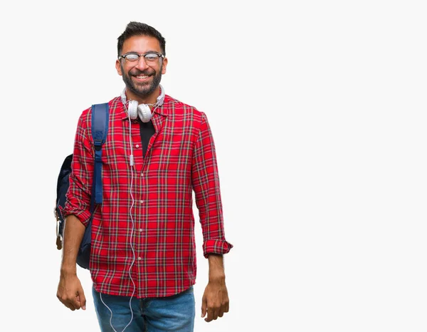 Pro Dospělé Hispánský Studentů Muž Nosit Sluchátka Batoh Izolované Pozadí — Stock fotografie