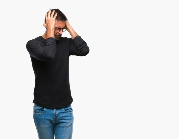 Adult Hispanic Man Wearing Glasses Isolated Background Suffering Headache Desperate — Stock Photo, Image