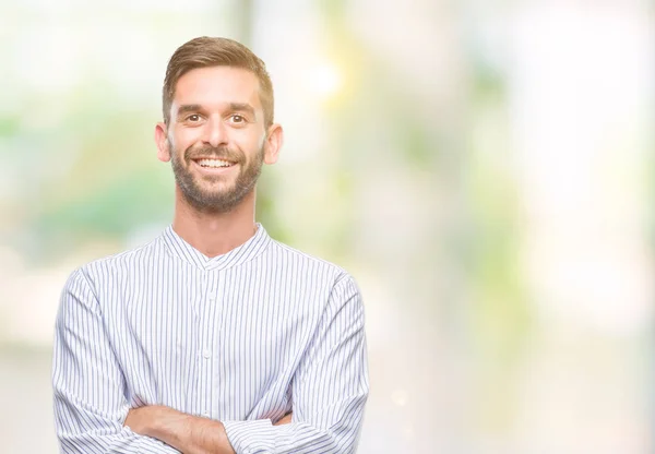 Jonge Knappe Man Geïsoleerde Achtergrond Blij Gezicht Lachend Met Gekruiste — Stockfoto