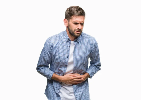 年轻英俊的男子穿着白色 T恤在孤立的背景下与手在胃因为恶心 痛苦的疾病感到不适 疼痛概念 — 图库照片