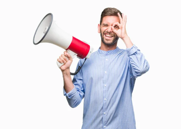 Young Handsome Man Yelling Megaphone Isolated Background Happy Face Smiling — Stock Photo, Image