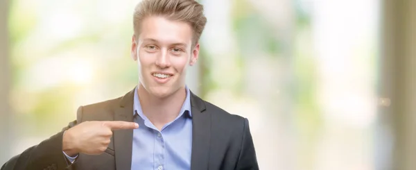 Young Handsome Blond Business Man Surprise Face Pointing Finger Himself — Stock Photo, Image