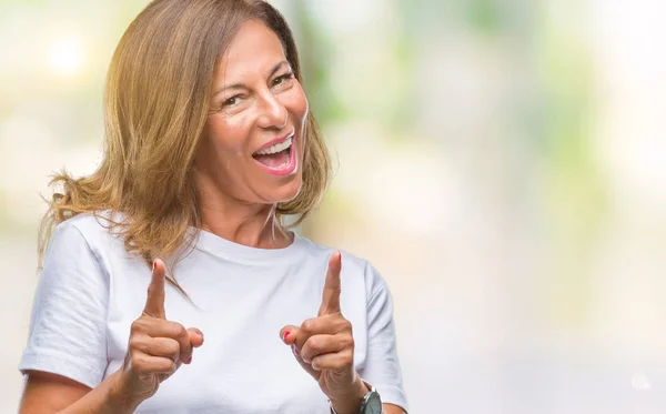 Donna Ispanica Anziana Mezza Età Sfondo Isolato Puntando Dito Verso — Foto Stock