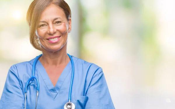 Enfermera Médica Mediana Edad Mujer Sobre Fondo Aislado Cara Feliz — Foto de Stock