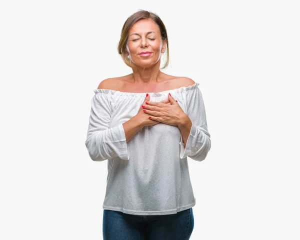 Middelbare Leeftijd Senior Latino Vrouw Geïsoleerde Achtergrond Glimlachend Met Handen — Stockfoto