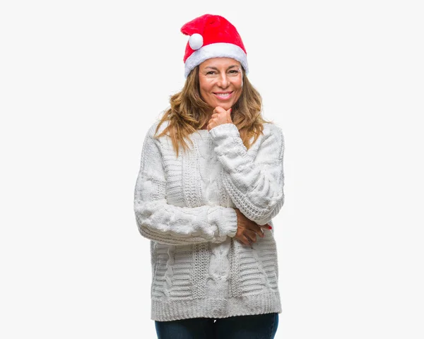 Ältere Hispanische Frau Mittleren Alters Mit Weihnachtsmütze Vor Isoliertem Hintergrund — Stockfoto
