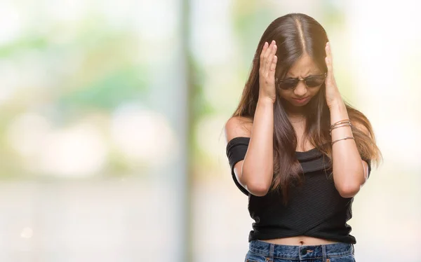 Young Asian Woman Wearing Sunglasses Isolated Background Suffering Headache Desperate — Stock Photo, Image