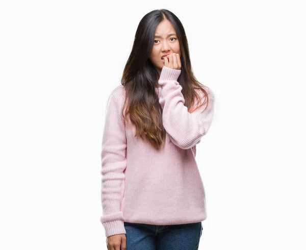 Young Asian Woman Isolated Background Looking Stressed Nervous Hands Mouth — Stock Photo, Image