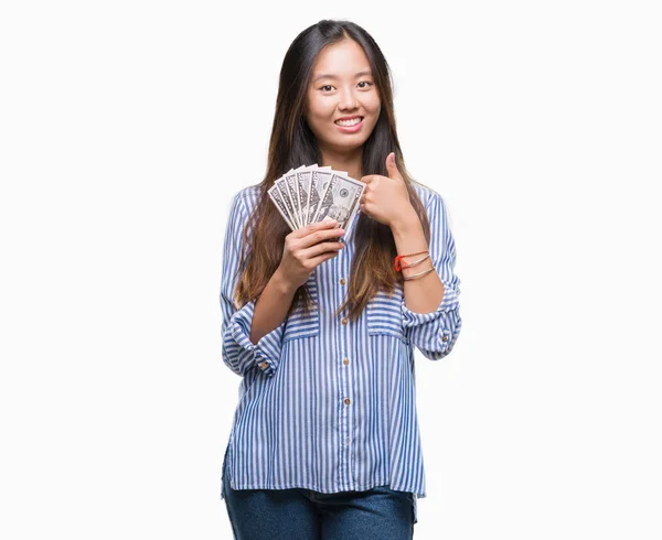 Jovem Asiático Mulher Segurando Dólares Sobre Isolado Fundo Feliz Com — Fotografia de Stock