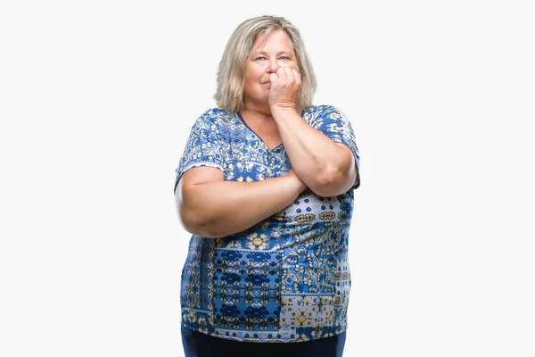 Senior Size Mulher Caucasiana Sobre Fundo Isolado Olhando Estressado Nervoso — Fotografia de Stock