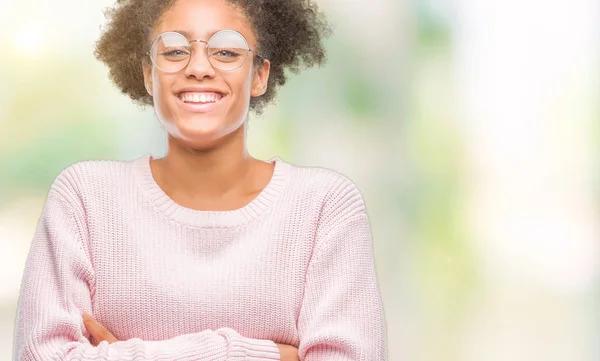 Jovem Afro Americana Usando Óculos Sobre Fundo Isolado Rosto Feliz — Fotografia de Stock