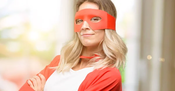 Young Super Hero Woman Wearing Cape Crossed Arms Confident Happy — Stock Photo, Image