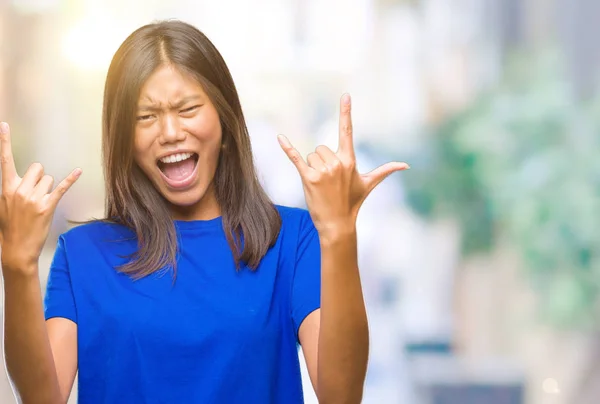 Young Asian Woman Isolated Background Shouting Crazy Expression Doing Rock — Stock Photo, Image