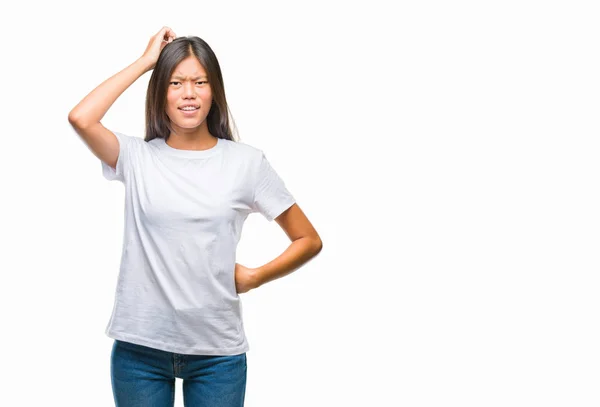 Jonge Aziatische Vrouw Geïsoleerde Achtergrond Verwarren Vraag Vraag Onzeker Met — Stockfoto