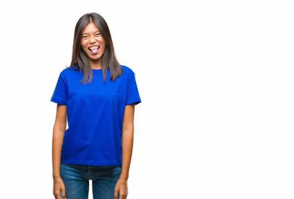 Young Asian Woman Isolated Background Sticking Tongue Out Happy Funny — Stock Photo, Image