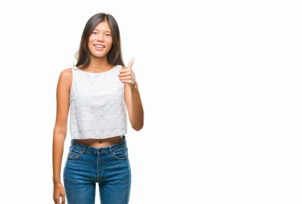 Joven Mujer Asiática Sobre Aislado Fondo Haciendo Felices Pulgares Hacia — Foto de Stock