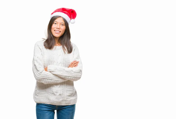 Mujer Asiática Joven Con Sombrero Navidad Sobre Fondo Aislado Cara —  Fotos de Stock