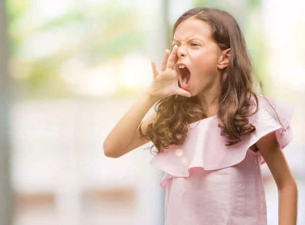 Brunette Hispanic Girl Wearing Pink Dress Shouting Screaming Loud Side — Stock Photo, Image