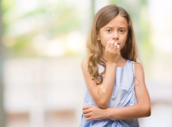 Brunette Hispanic Girl Looking Stressed Nervous Hands Mouth Biting Nails — Stock Photo, Image