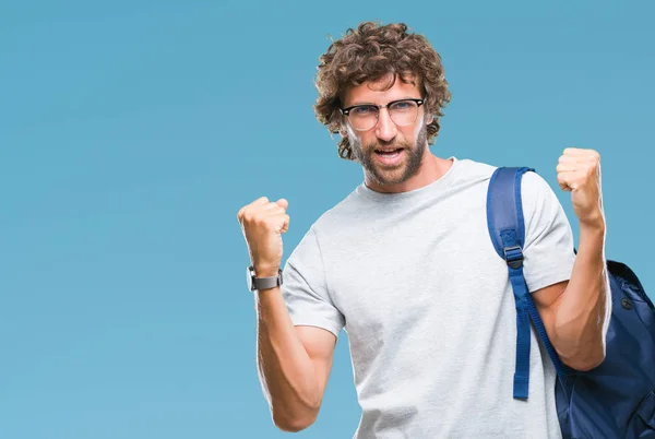 Handsome Hispanic Student Man Wearing Backpack Glasses Isolated Background Celebrating — Stock Photo, Image