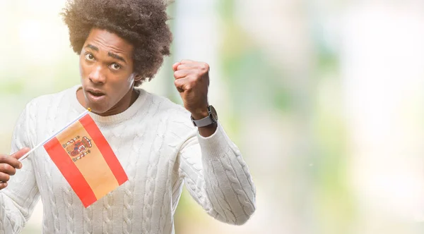 Afro Amerikanischer Mann Flagge Spaniens Über Isoliertem Hintergrund Genervt Und — Stockfoto