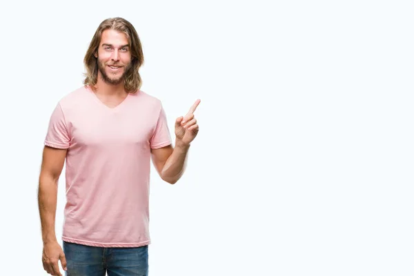 Young Handsome Man Long Hair Isolated Background Big Smile Face — Stock Photo, Image