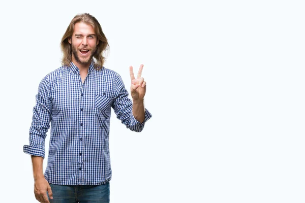 Jonge Knappe Man Met Lange Haren Geïsoleerde Achtergrond Glimlachend Met — Stockfoto